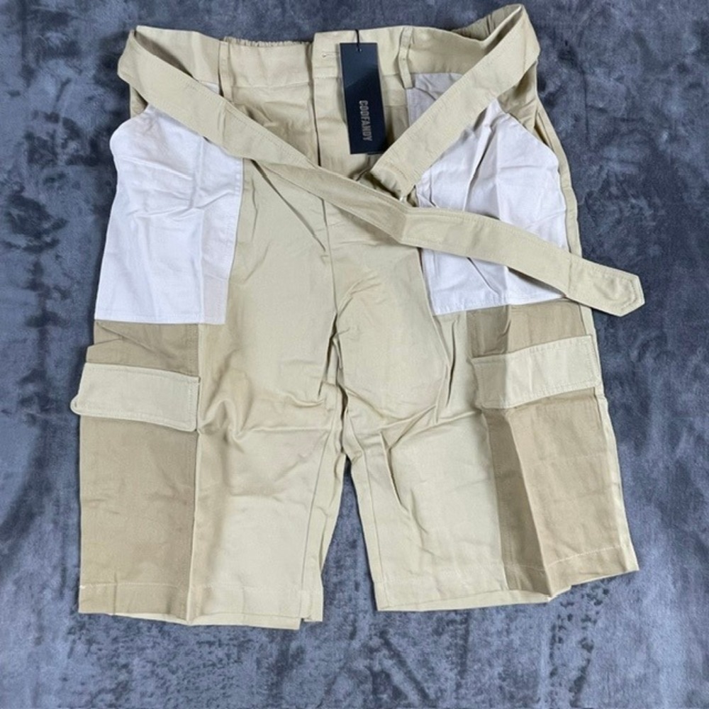 COOFANDY Mens Khaki Colorblock Belted Cargo Shorts 100% Cotton Size L 35 Waist